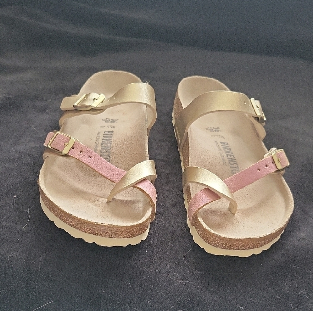 Birkenstock Gold and Pink Cross-Strap Sandals